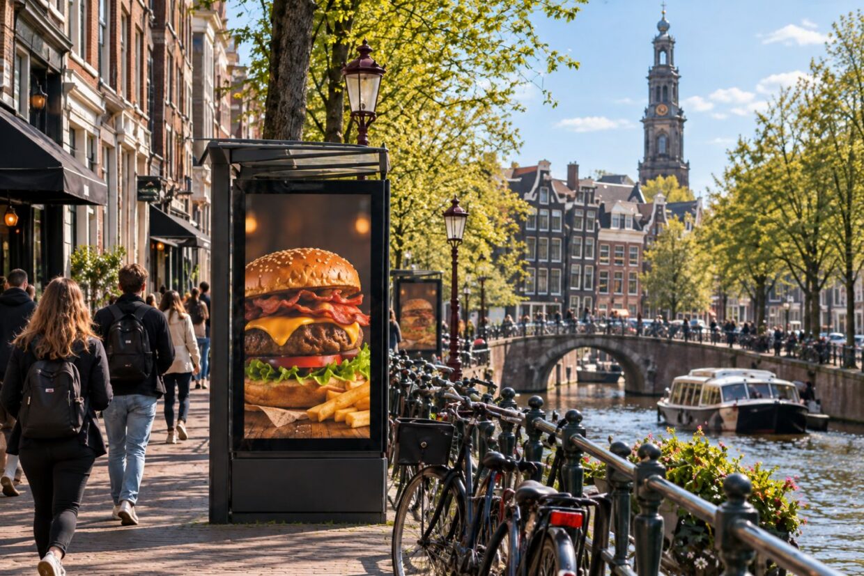 Outdoor burger advertisement beside an Amsterdam canal, with pedestrians, bicycles, and historic buildings in the background.