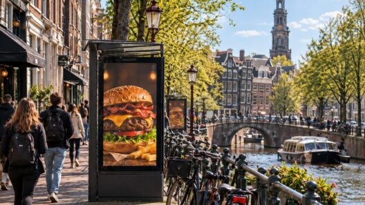 Outdoor burger advertisement beside an Amsterdam canal, with pedestrians, bicycles, and historic buildings in the background.
