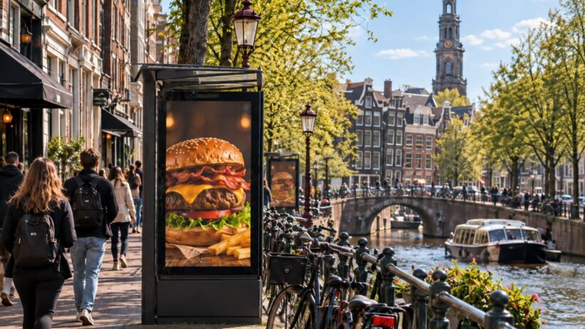 Outdoor burger advertisement beside an Amsterdam canal, with pedestrians, bicycles, and historic buildings in the background.