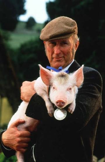 James Cromwell holding Babe, a rescued piglet, on a park bench.