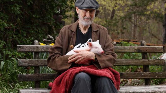 James Cromwell holding a rescued piglet while sitting on a park bench.
